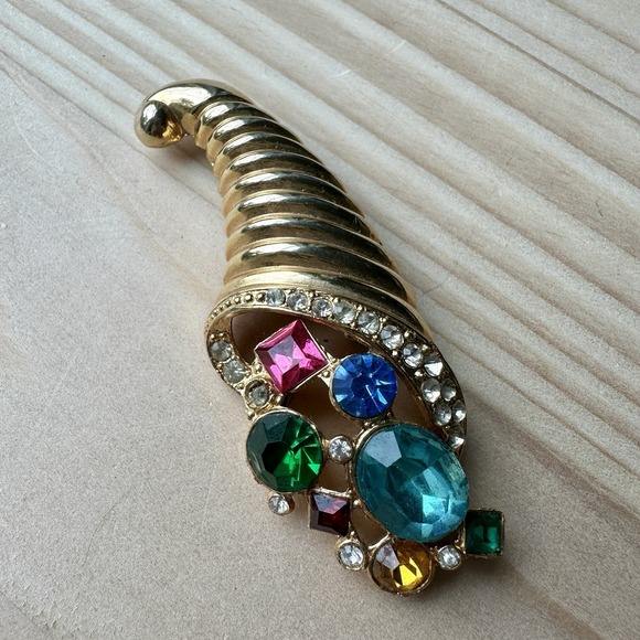 VTG 1940s Cornucopia Brooch Pin 2.75" Multicolor Crystal Rhinestones Gold Plated - Picture 1 of 8